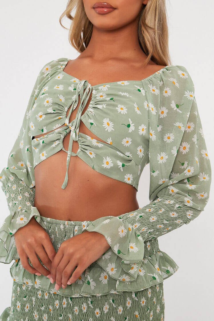 Mint Floral Print Lace Up Crop Top + Shirred Skirt Set