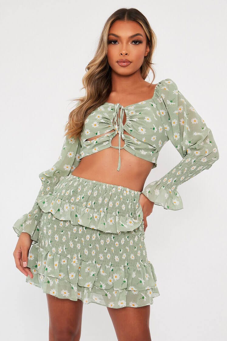 Mint Floral Print Lace Up Crop Top + Shirred Skirt Set
