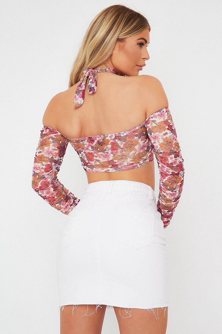 White Floral Ruched Sleeve Crop Top